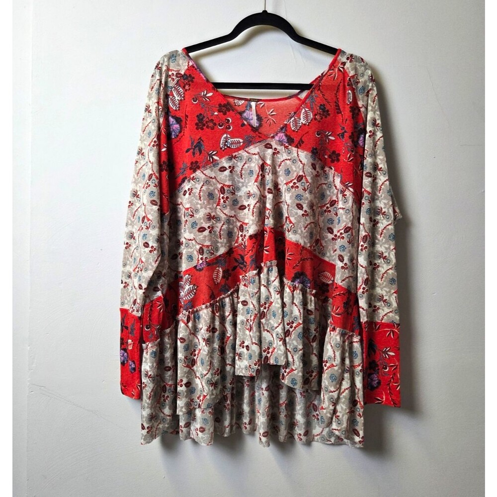 Free People Women’s S Floral Peasant Blouse Ruffle Long Sleeve Scoop Pullover